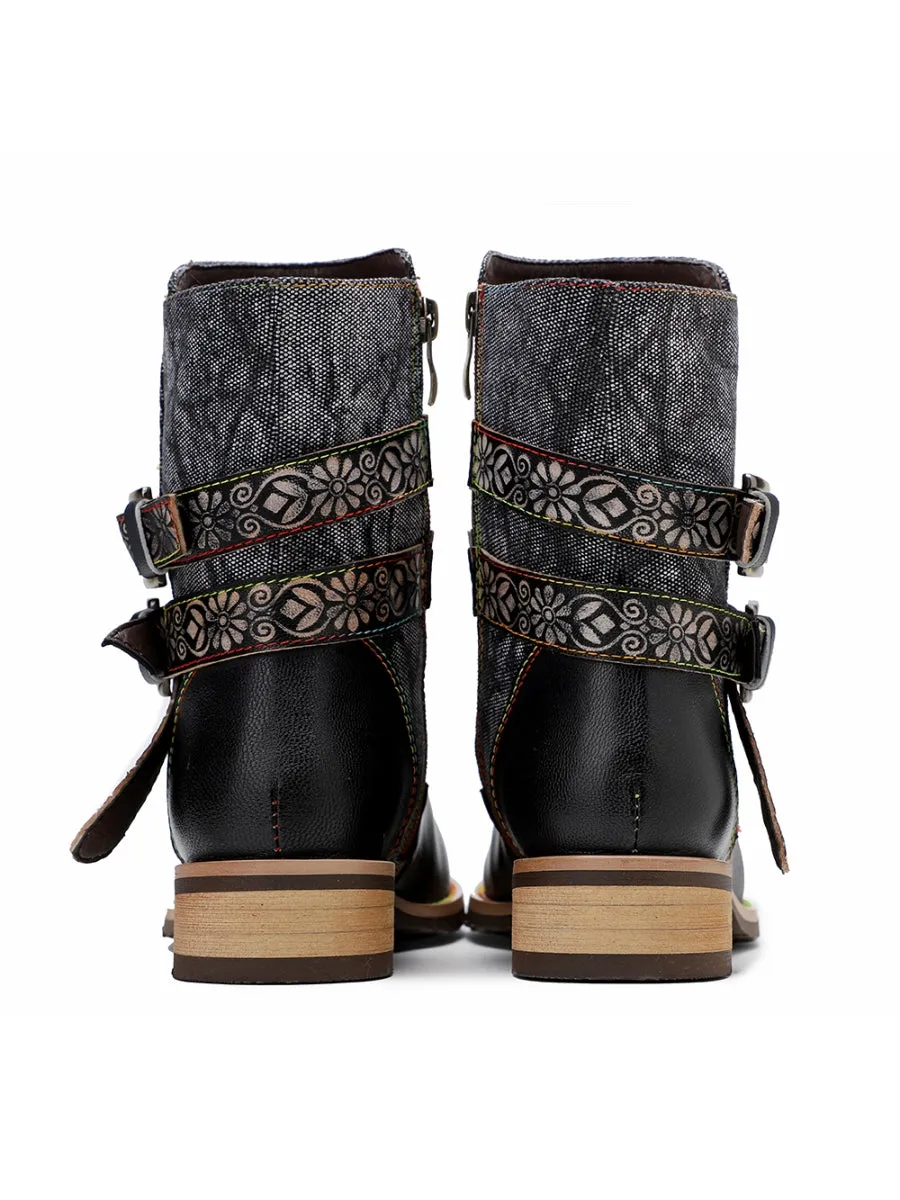 Vicconfy | Genuine Leather Gold Floral Embossed Strap  Moto Boots