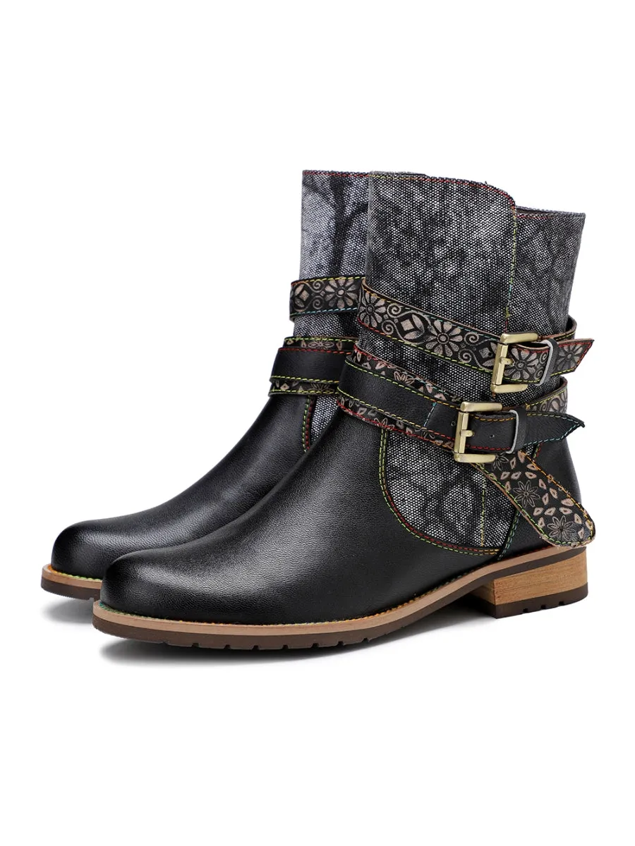 Vicconfy | Genuine Leather Gold Floral Embossed Strap  Moto Boots