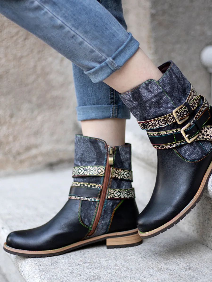 Vicconfy | Genuine Leather Gold Floral Embossed Strap  Moto Boots