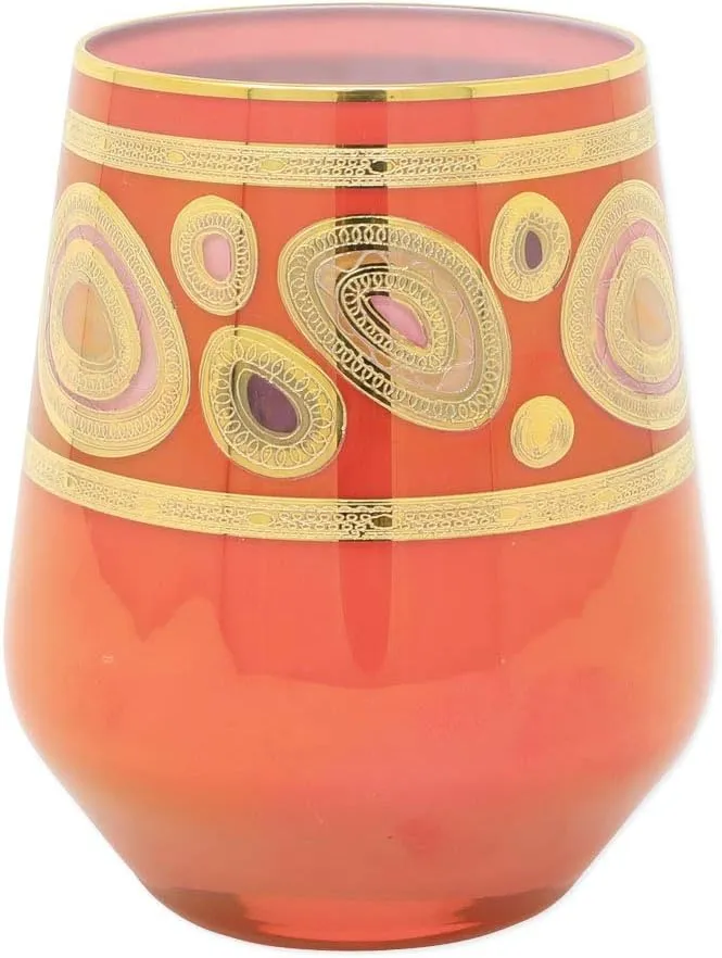 Vietri Regalia Orange Stemless Wine Glass - 14K Gold Barware, 4.25" H, 12 oz