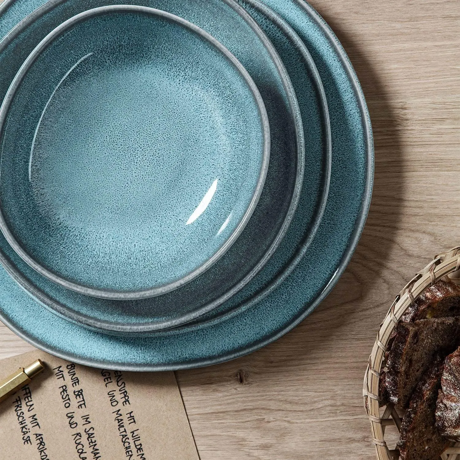 Villeroy & Boch - Lave Glace Flat Bowl, Beautiful Stoneware Bowl for Side Dishes and Larger Dishes, Turquoise, 11 x 10.5 x 1.75 in, Dishwasher Safe