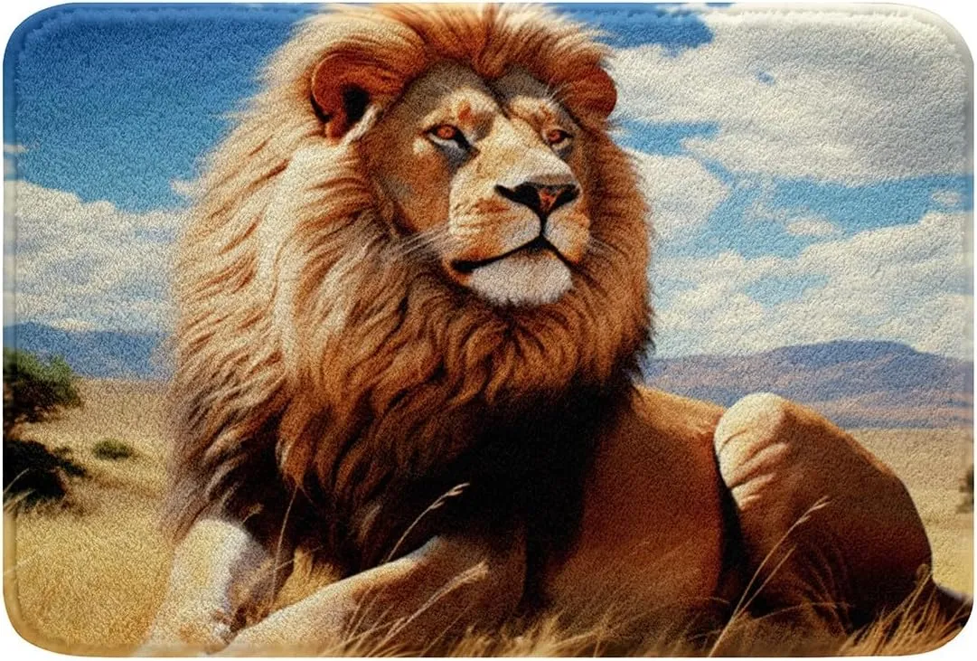 Vivid Lion Bathroom Rug,Prairie Scenery Blue Sky Non Slip Bath Mat Kids Teens Boys Men Home Decor,Fierce Wildlife Bath Indoor Doornat,Tropical African Animal Shaggy Absorbent Floor Mat,16"x24"
