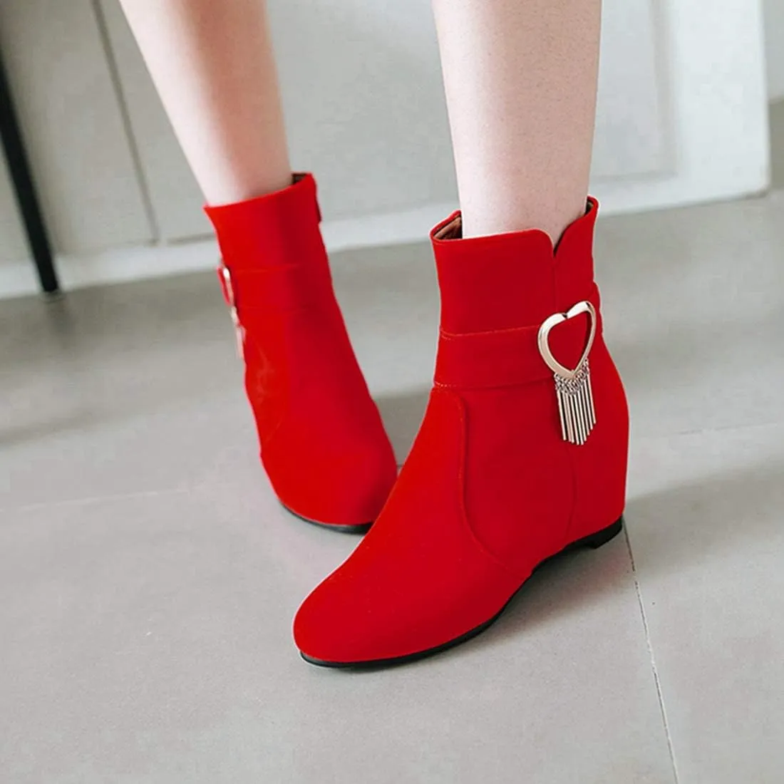 VOKLIN Women's Pointed Toe Wedge Dress Ankle Boots Metallic Suede Zipper Chunky Hidden Heels Short Booties