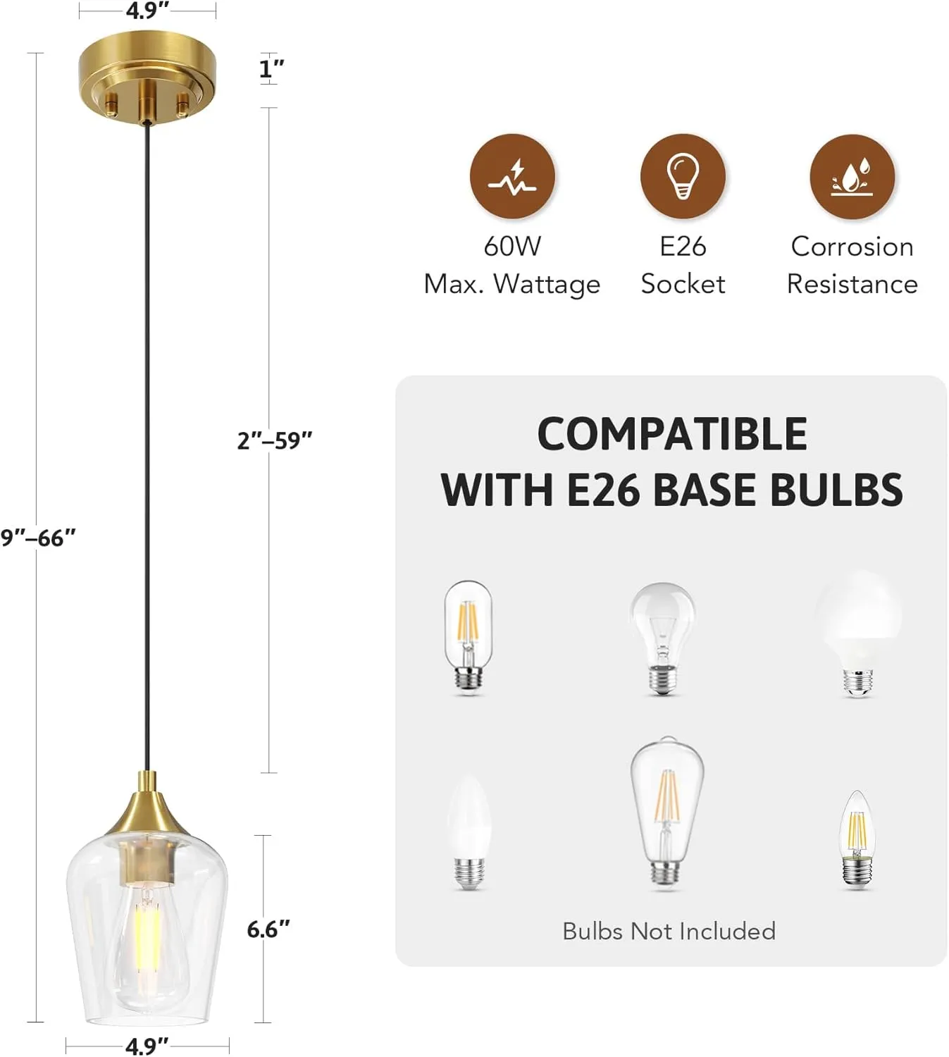 VONLUCE Pendant Light Kitchen Island, Brushed Gold Pendant Light Fixture with E26 Base & Adjustable Cable, Modern Pendant Lighting with Glass Shade for Living Room Bedroom Hallway