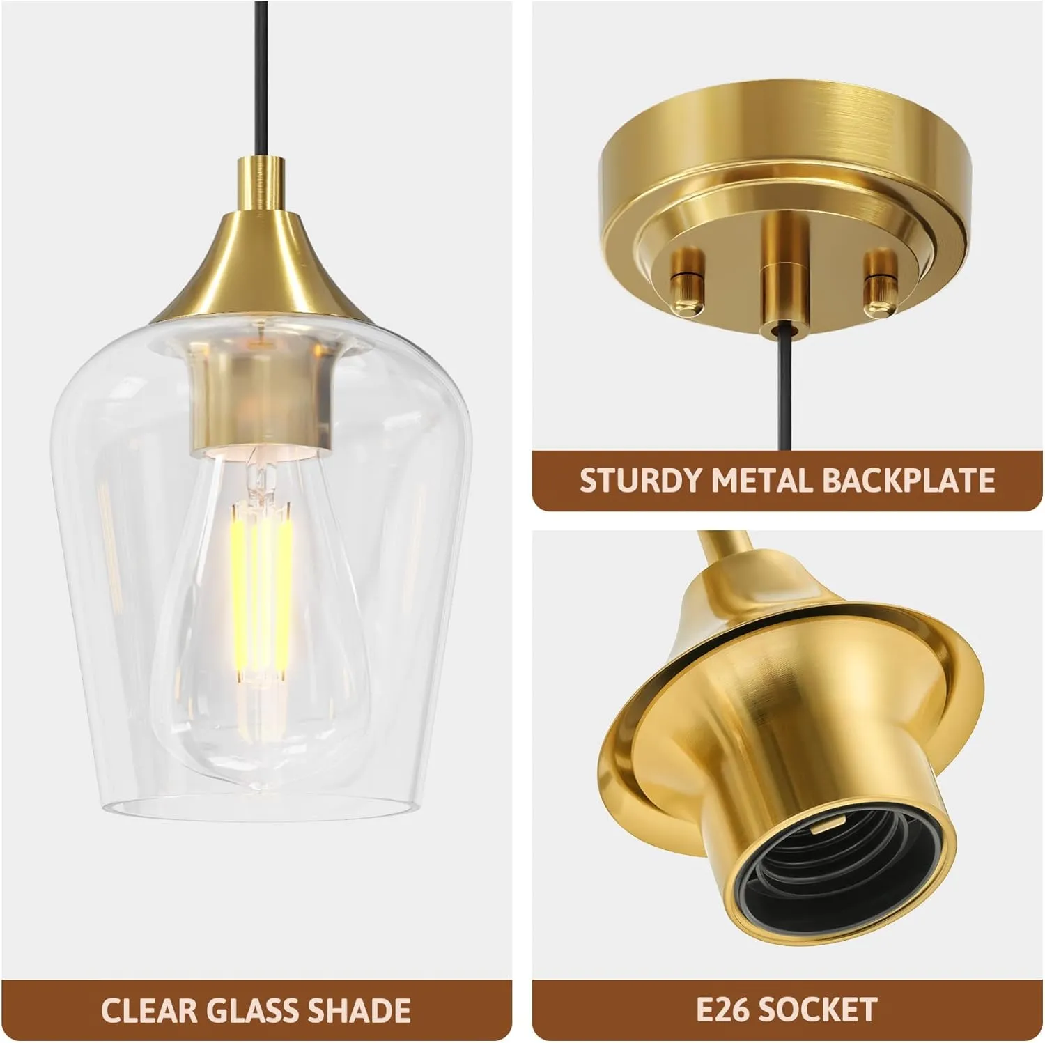 VONLUCE Pendant Light Kitchen Island, Brushed Gold Pendant Light Fixture with E26 Base & Adjustable Cable, Modern Pendant Lighting with Glass Shade for Living Room Bedroom Hallway