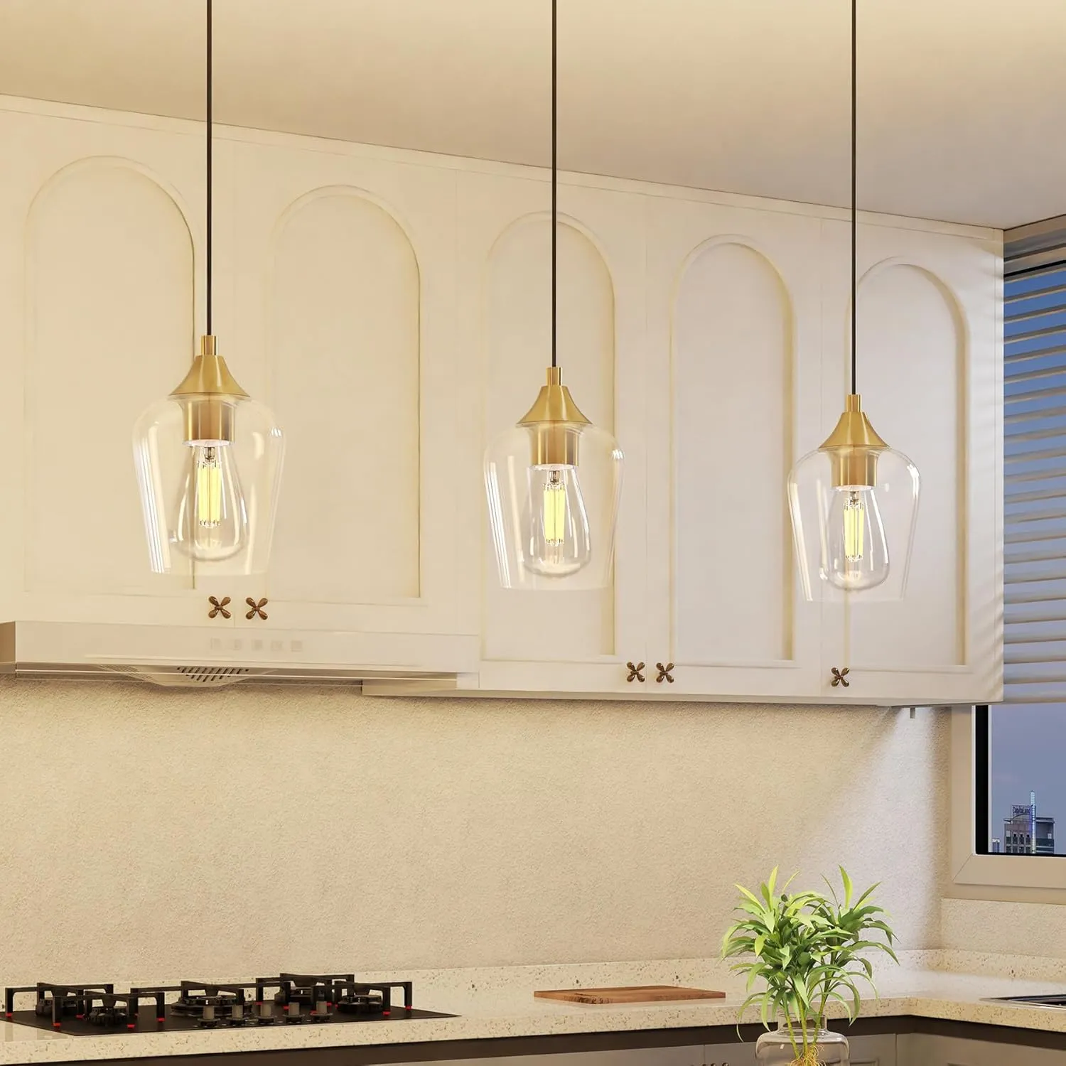 VONLUCE Pendant Light Kitchen Island, Brushed Gold Pendant Light Fixture with E26 Base & Adjustable Cable, Modern Pendant Lighting with Glass Shade for Living Room Bedroom Hallway