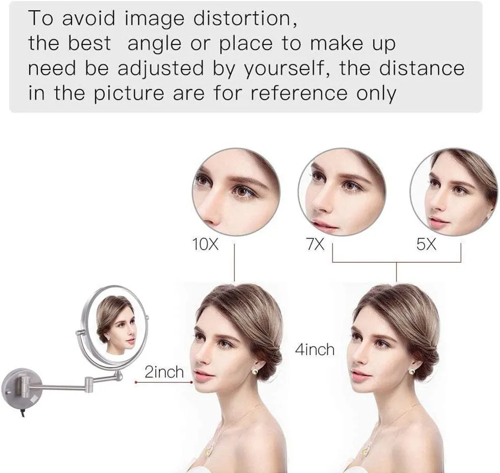 Wall Mounted Makeup Mirror with Magnification, 360 Degree Swivel, Two-Sided Extendable, No Need to Punch Holes to Install (Color : Nickel, Size : 7X)