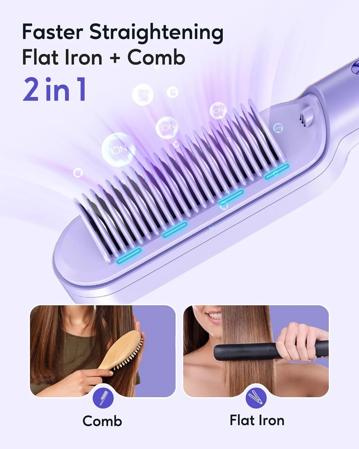 Wavytalk Hair Straightener Brush, Sleek Sweep Ionic Straightening Brush with 6 Temperature Adjust, Anti-Scald Ceramic Straightening Comb Fast Heating for Home Salon, Dual Voltage, Purple.