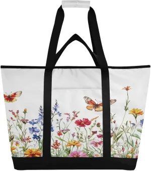 Wildflowers Butterfly Reusable Insulated Lunchbox Cooler Bag, Leakproof Kitchen Grocery Bag Collapsible Portable Cooler Tote Bag for Picnic, Camping, Office, Travel