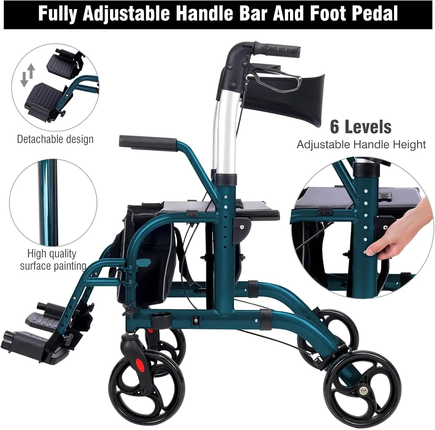 WINLOVE 2 in 1 Rollator Walkers for Seniors with Padded Seat- Medical Transport Chair Walker with Adjustable Handle and Reversible Backrest Green