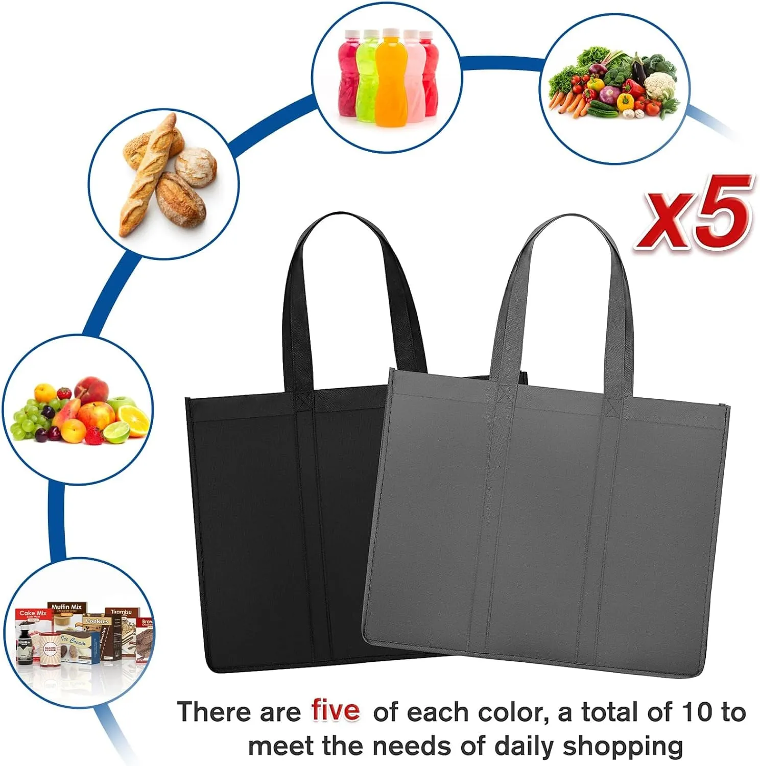 WISELIFE Reusable Grocery Shopping Bags 10 Pack Large Foldable Tote Bags Bulk, Eco Produce Bags with Long Handle for Shopping Groceries Clothes (Dark Grey & Black)