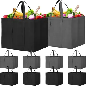 WISELIFE Reusable Grocery Shopping Bags 10 Pack Large Foldable Tote Bags Bulk, Eco Produce Bags with Long Handle for Shopping Groceries Clothes (Dark Grey & Black)