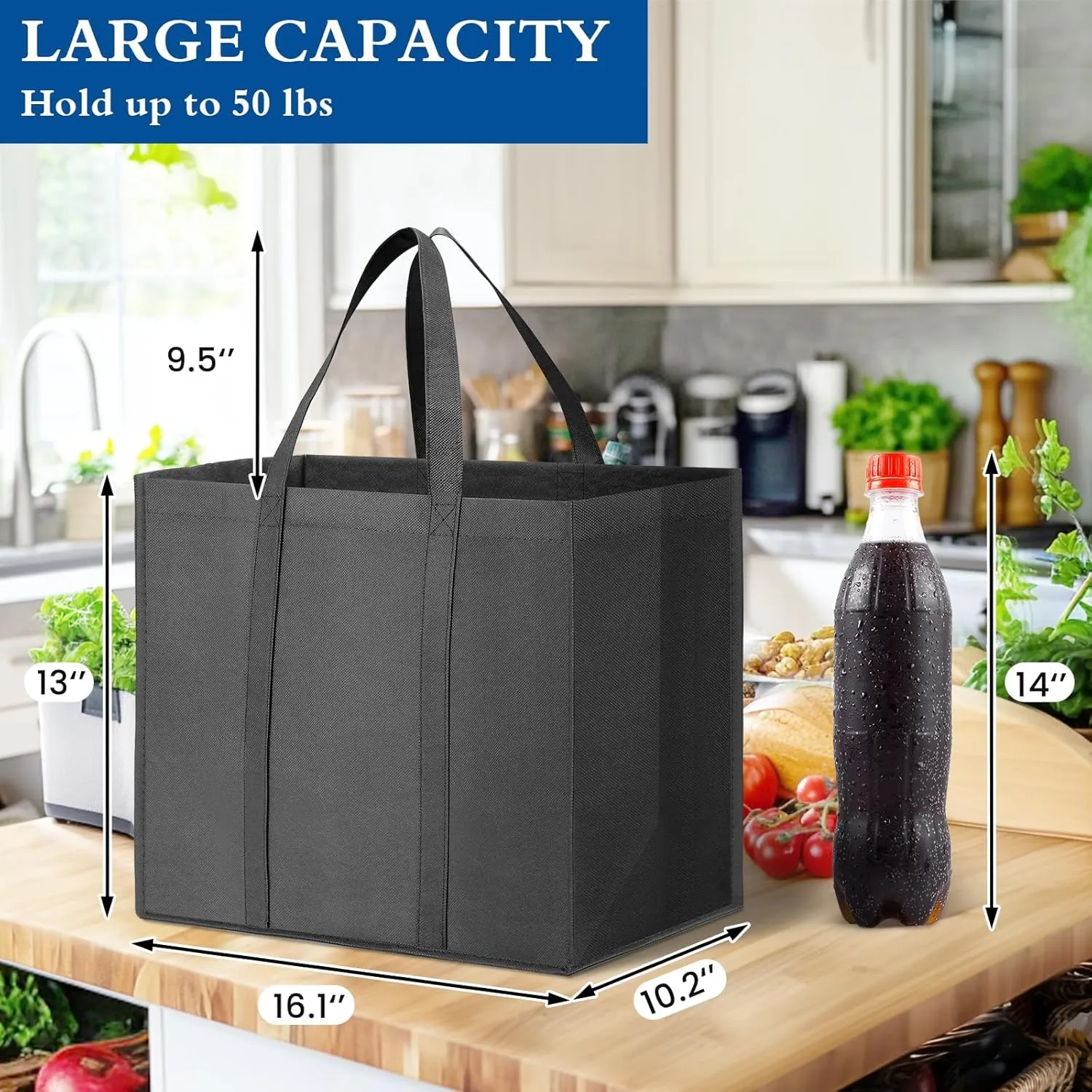 WISELIFE Reusable Grocery Shopping Bags 10 Pack Large Foldable Tote Bags Bulk, Eco Produce Bags with Long Handle for Shopping Groceries Clothes (Dark Grey & Black)