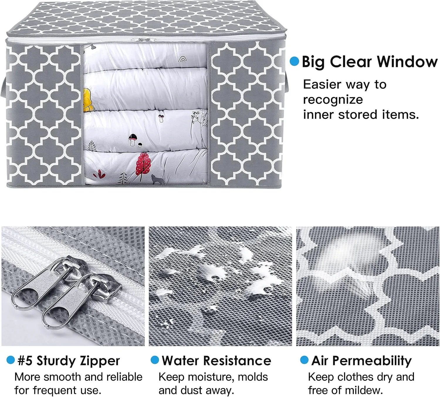 WISELIFE Storage Bags, Large Blanket Clothes Organization and Storage Containers for Bedding, Comforters, Foldable Organizer with Reinforced Handle, Clear Window,Sturdy Zippers,(Light Grey, 6 x 100L)