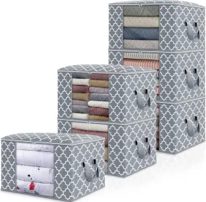 WISELIFE Storage Bags, Large Blanket Clothes Organization and Storage Containers for Bedding, Comforters, Foldable Organizer with Reinforced Handle, Clear Window,Sturdy Zippers,(Light Grey, 6 x 100L)