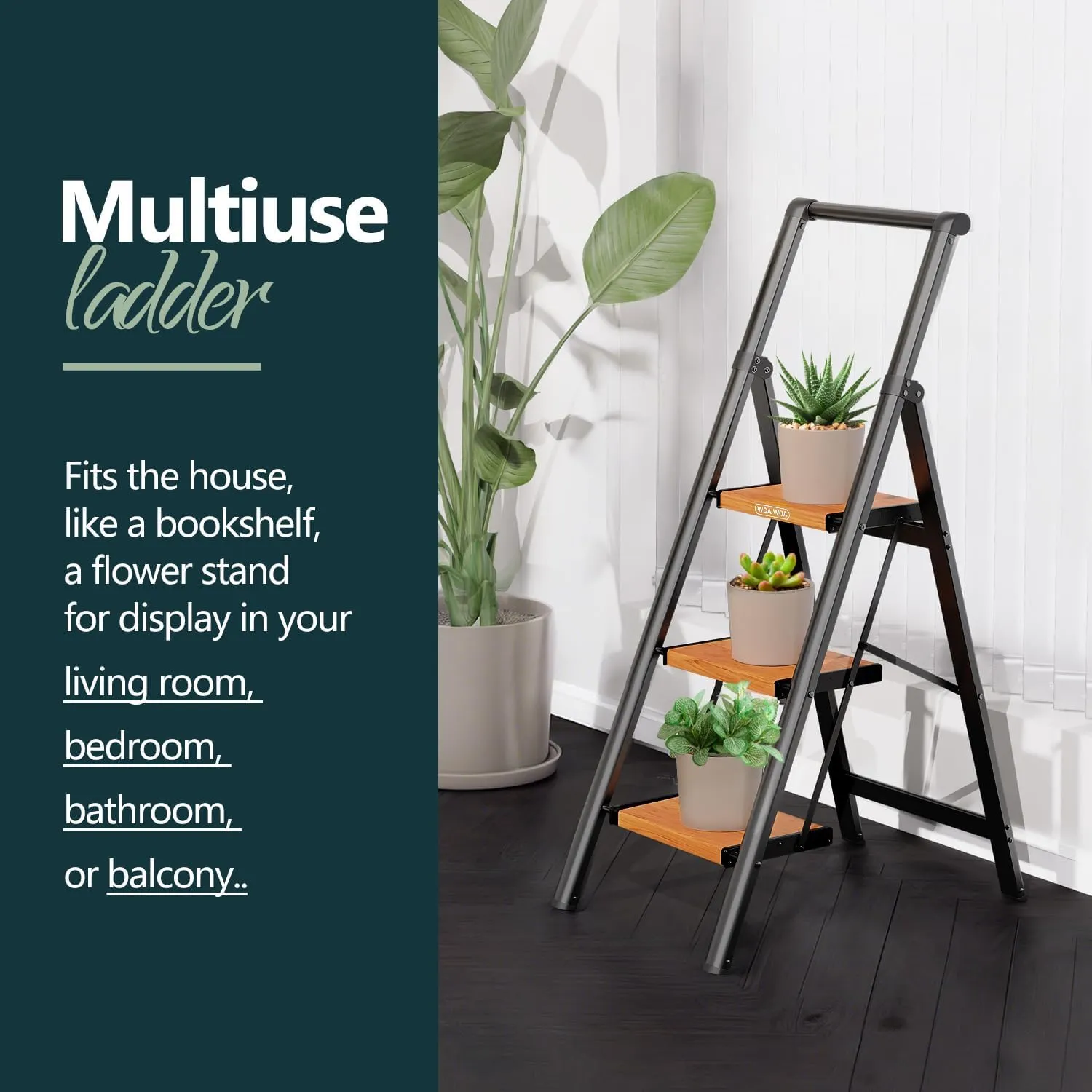WOA WOA 3 Step Ladder, Ladders for Home, Anti-Slip Pedals, Aluminum Step Stool Foldable, Lightweight to Move, Ease of Storage, Reach 8ft for Closet Kitchen Library, Hold 300lbs - Black&Wood Grain