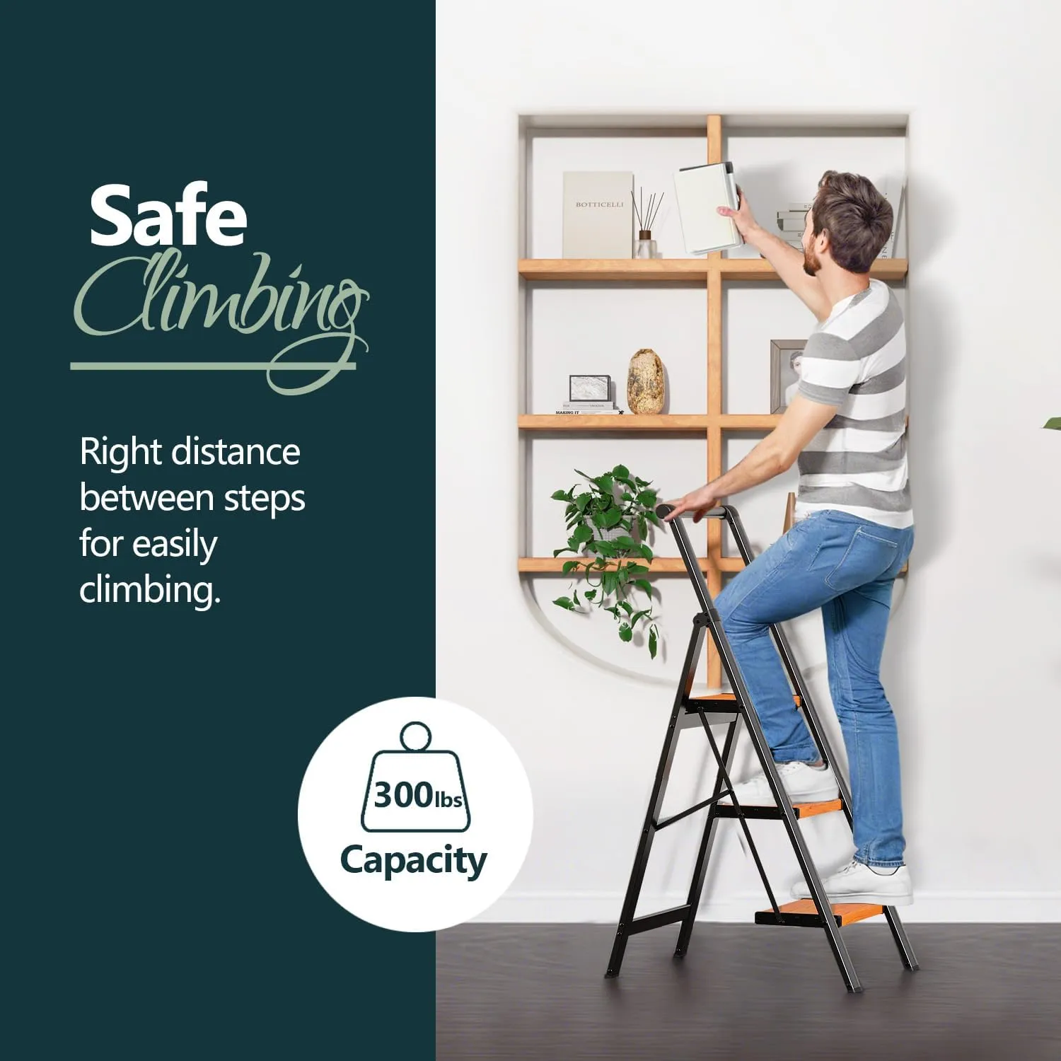 WOA WOA 3 Step Ladder, Ladders for Home, Anti-Slip Pedals, Aluminum Step Stool Foldable, Lightweight to Move, Ease of Storage, Reach 8ft for Closet Kitchen Library, Hold 300lbs - Black&Wood Grain