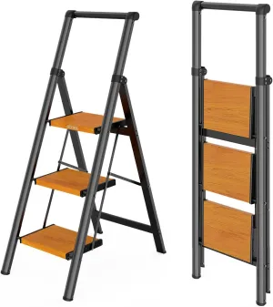 WOA WOA 3 Step Ladder, Ladders for Home, Anti-Slip Pedals, Aluminum Step Stool Foldable, Lightweight to Move, Ease of Storage, Reach 8ft for Closet Kitchen Library, Hold 300lbs - Black&Wood Grain