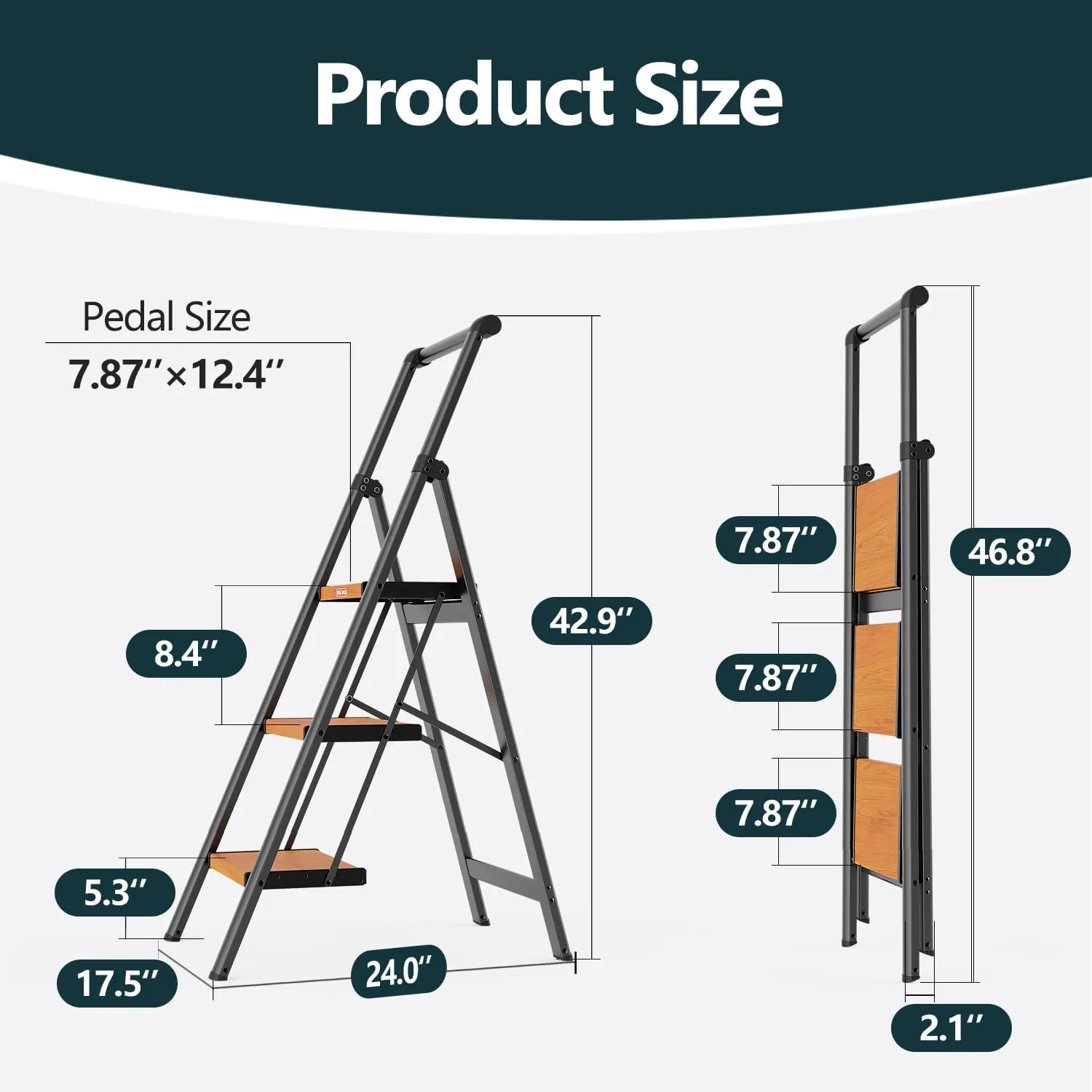 WOA WOA 3 Step Ladder, Ladders for Home, Anti-Slip Pedals, Aluminum Step Stool Foldable, Lightweight to Move, Ease of Storage, Reach 8ft for Closet Kitchen Library, Hold 300lbs - Black&Wood Grain