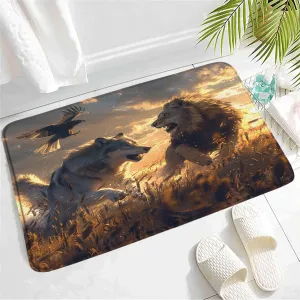 Wolf Lion Bath Mat,African Grassland Wilderness Hunting Eagles Running Wild Animal Sunset Autumn Scenery Rugs Non-Slip Bathroom Mat Rugs Bath Mats Home Kitchen Door Floor Mat Carpet,32x20Inch
