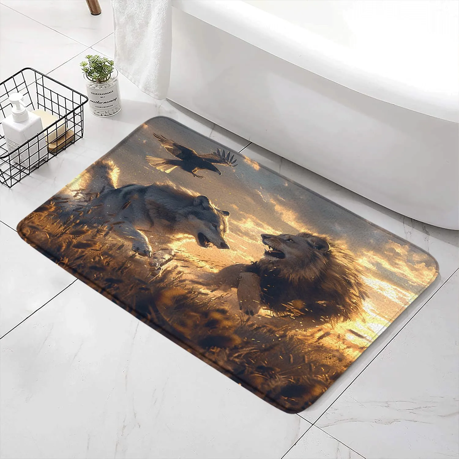 Wolf Lion Bath Mat,African Grassland Wilderness Hunting Eagles Running Wild Animal Sunset Autumn Scenery Rugs Non-Slip Bathroom Mat Rugs Bath Mats Home Kitchen Door Floor Mat Carpet,32x20Inch
