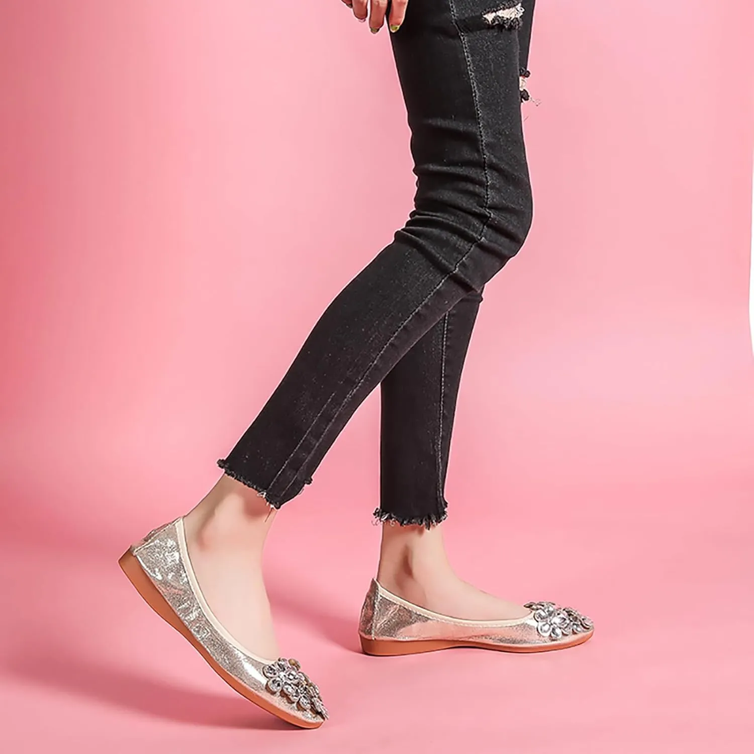 Women Ballet Flats Bling Cute Rhinestone Wedding Ballerina Shoes Foldable Sparkly Comfort Slip on Flat Shoes