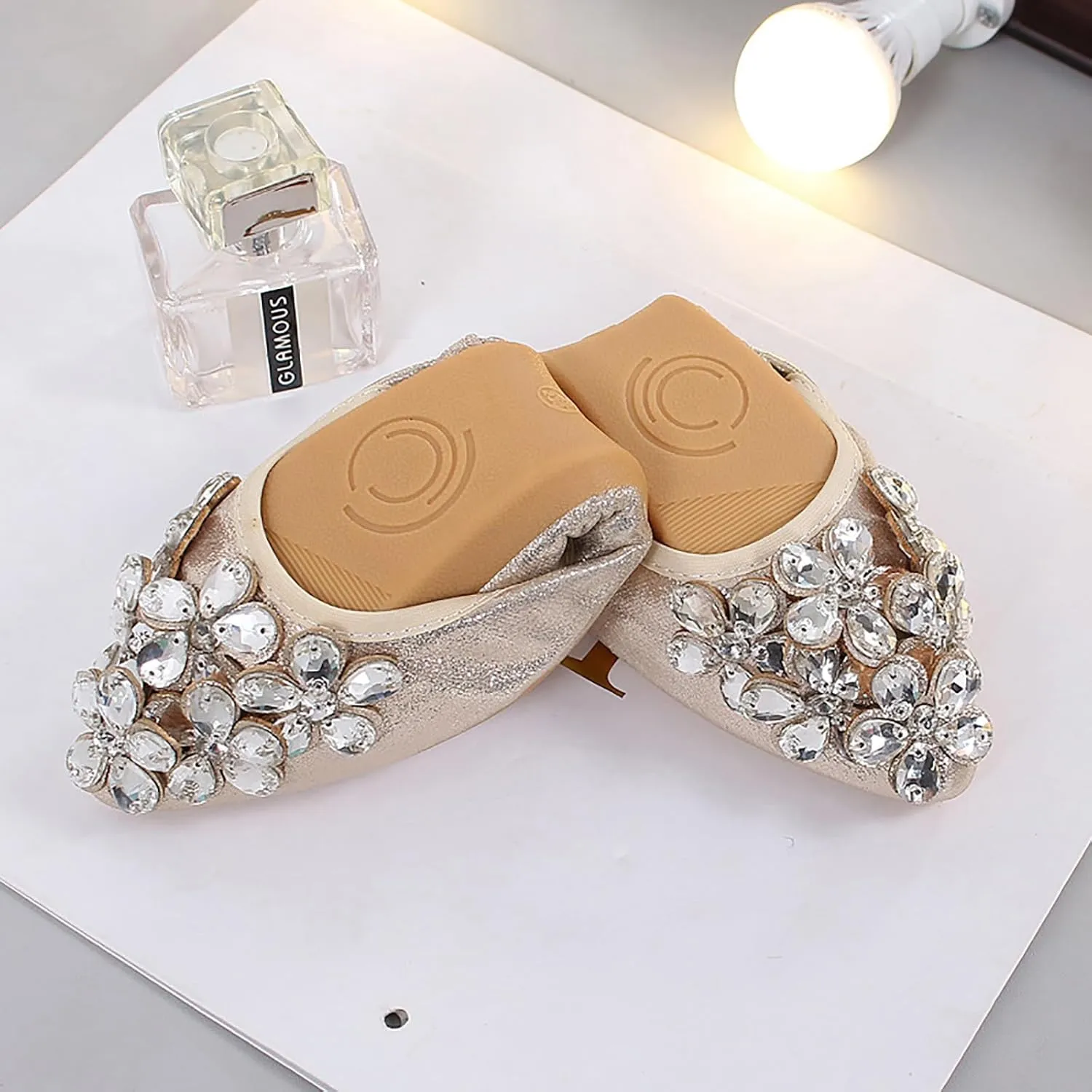 Women Ballet Flats Bling Cute Rhinestone Wedding Ballerina Shoes Foldable Sparkly Comfort Slip on Flat Shoes