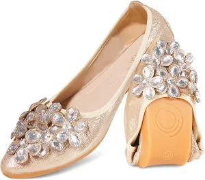 Women Ballet Flats Bling Cute Rhinestone Wedding Ballerina Shoes Foldable Sparkly Comfort Slip on Flat Shoes