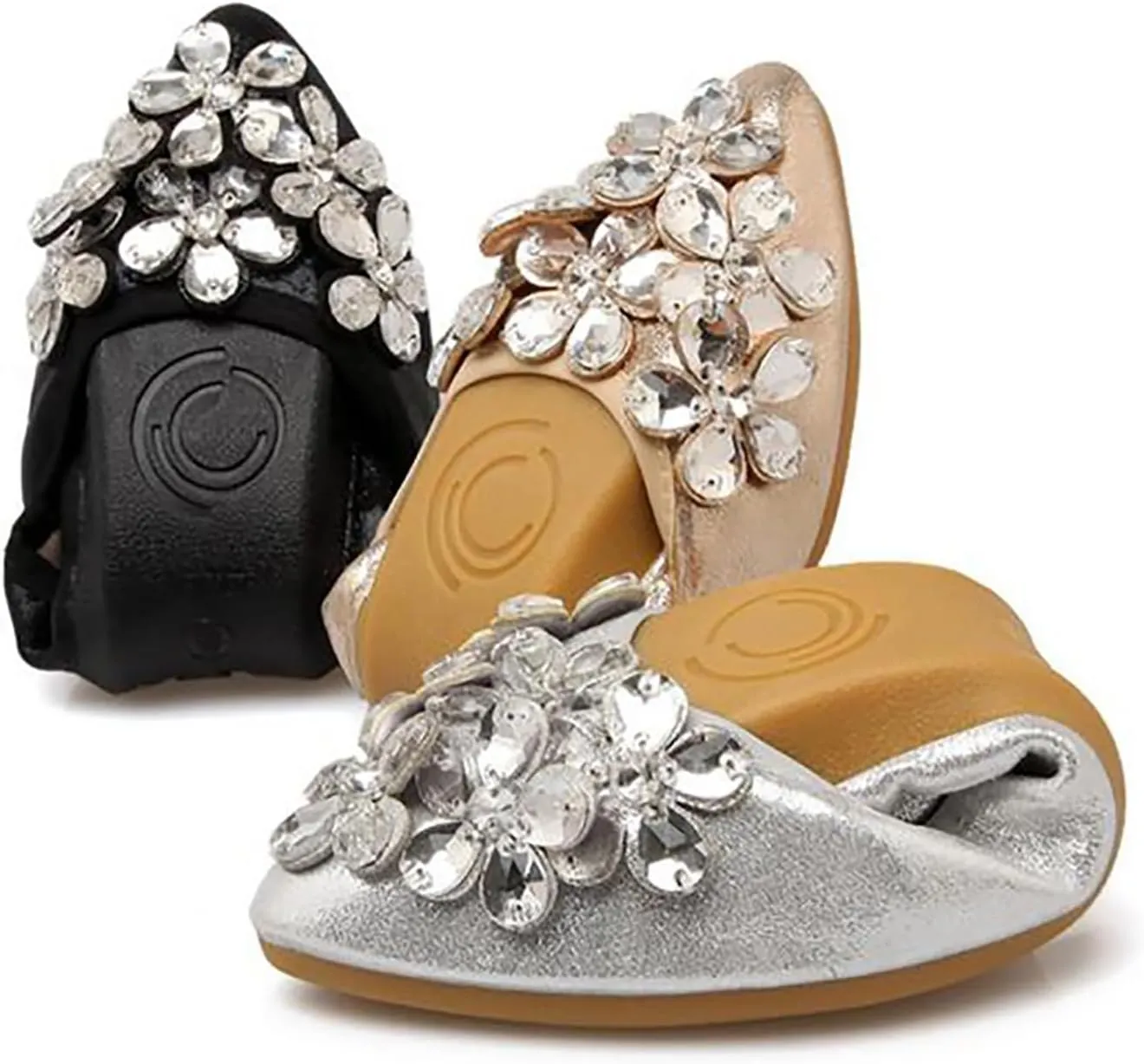 Women Ballet Flats Bling Cute Rhinestone Wedding Ballerina Shoes Foldable Sparkly Comfort Slip on Flat Shoes