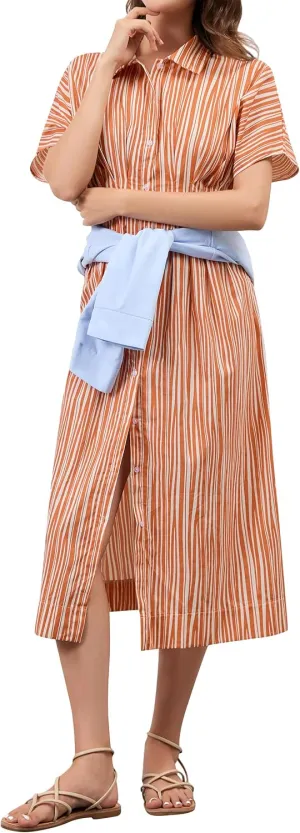 Women Button Front Pleated Shirt Maxi Dress Summer Striped Prints Short Sleeve Collar Casual Long Dresses