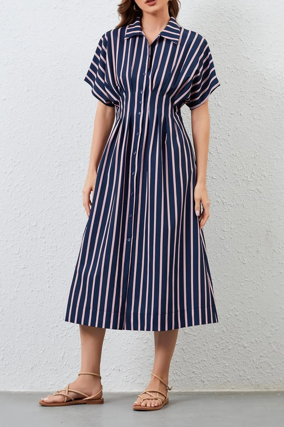 Women Button Front Pleated Shirt Maxi Dress Summer Striped Prints Short Sleeve Collar Casual Long Dresses