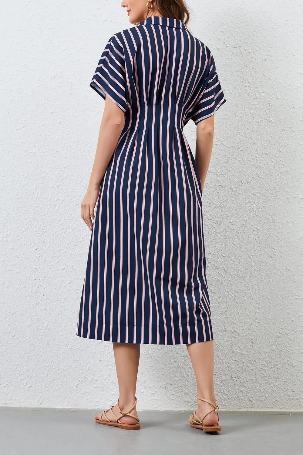 Women Button Front Pleated Shirt Maxi Dress Summer Striped Prints Short Sleeve Collar Casual Long Dresses