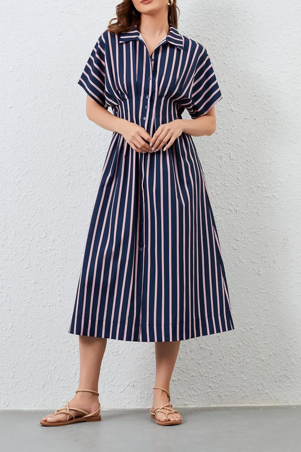 Women Button Front Pleated Shirt Maxi Dress Summer Striped Prints Short Sleeve Collar Casual Long Dresses