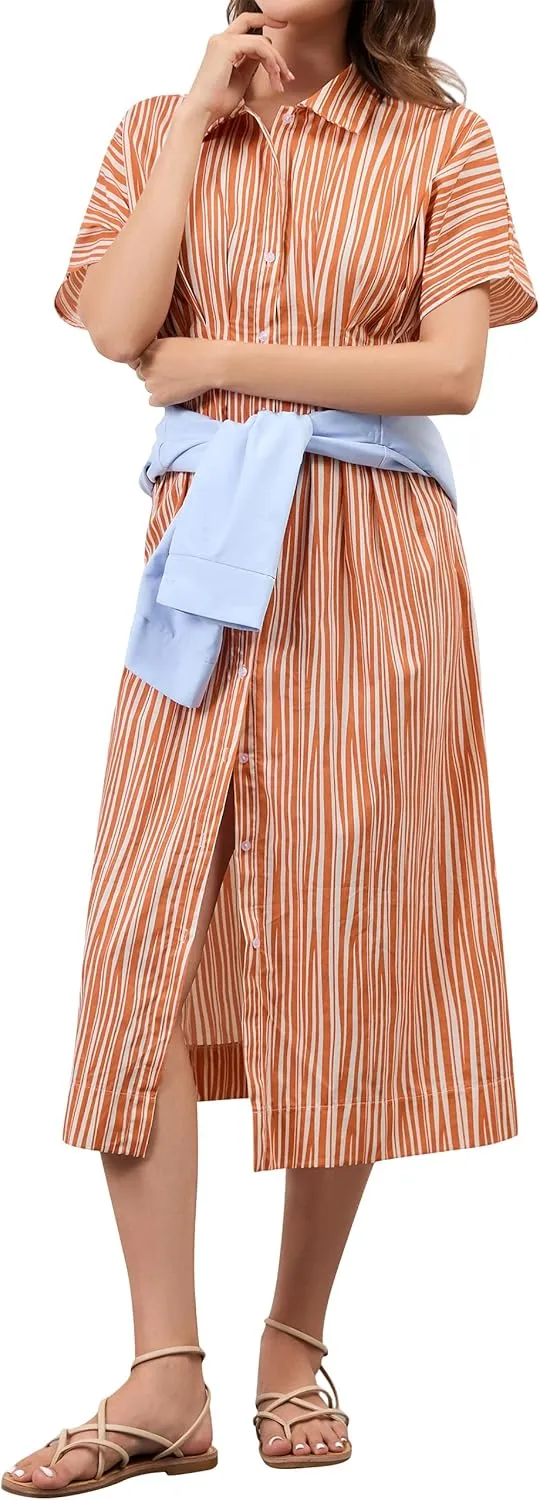 Women Button Front Pleated Shirt Maxi Dress Summer Striped Prints Short Sleeve Collar Casual Long Dresses