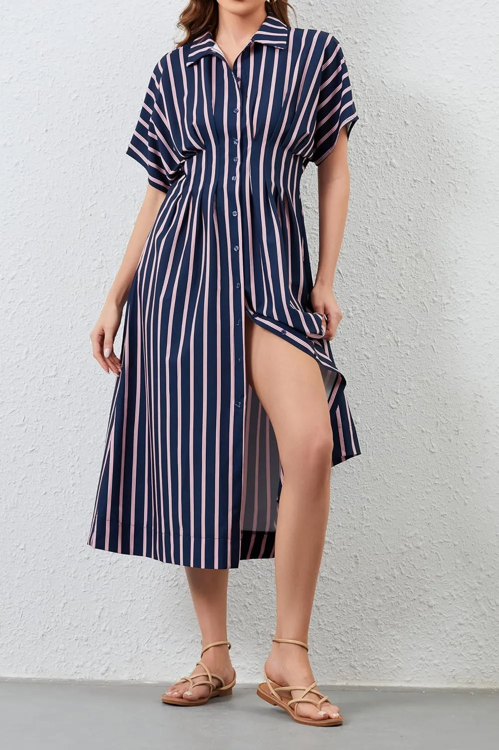 Women Button Front Pleated Shirt Maxi Dress Summer Striped Prints Short Sleeve Collar Casual Long Dresses