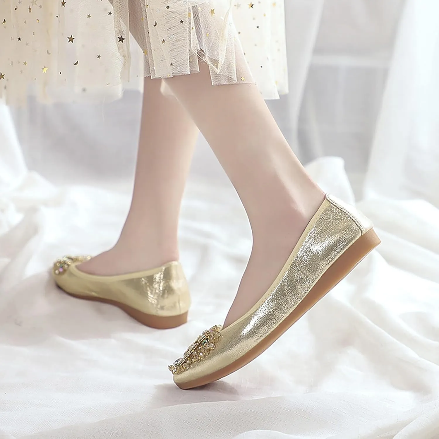 Women's Ballet Flats Rhinestones Wedding Ballerina Shoes Foldable Sparkly Comfort Slip on Flat Shoes