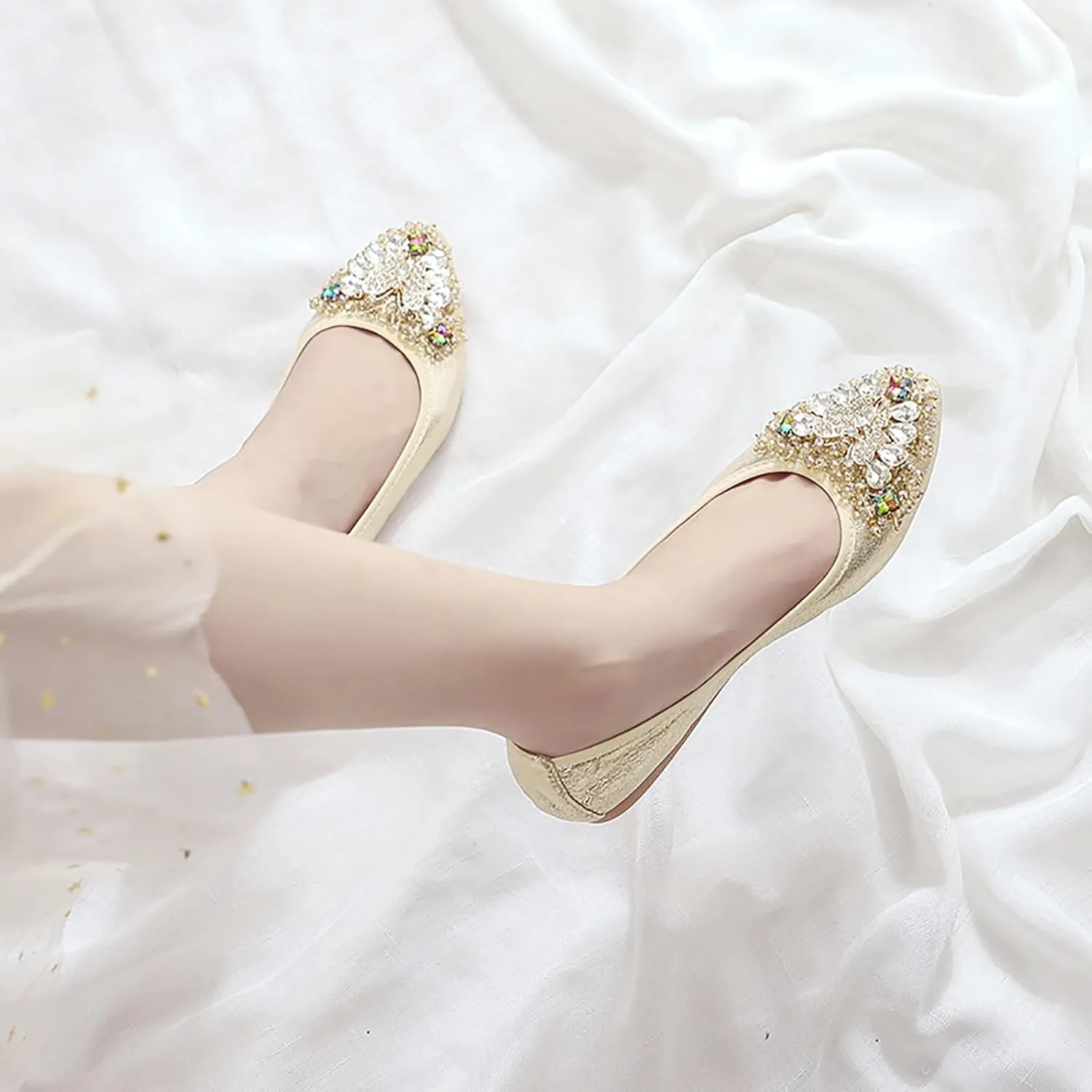 Women's Ballet Flats Rhinestones Wedding Ballerina Shoes Foldable Sparkly Comfort Slip on Flat Shoes