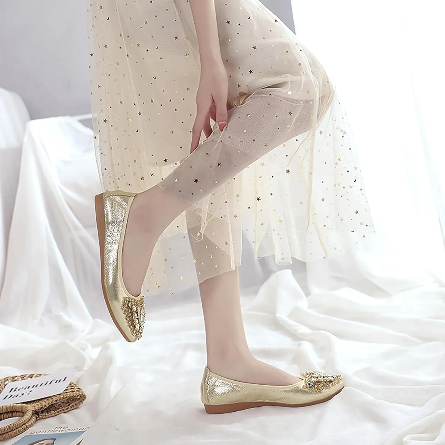 Women's Ballet Flats Rhinestones Wedding Ballerina Shoes Foldable Sparkly Comfort Slip on Flat Shoes