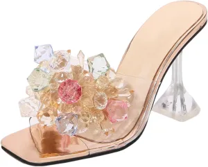 Women's Bling Colorful Crystal Flower Heels Open Square Toe Kitten Heel Slip On Mule Sexy Dress Party Wedding Heels Sandals