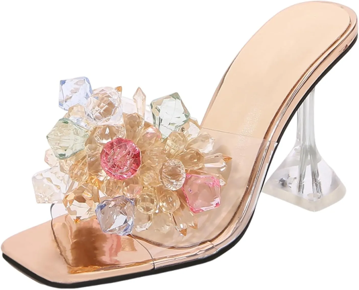 Women's Bling Colorful Crystal Flower Heels Open Square Toe Kitten Heel Slip On Mule Sexy Dress Party Wedding Heels Sandals