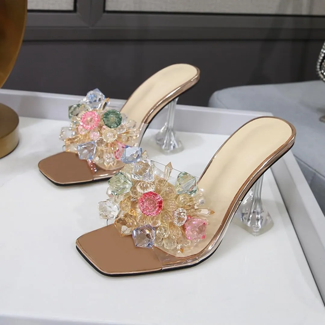 Women's Bling Colorful Crystal Flower Heels Open Square Toe Kitten Heel Slip On Mule Sexy Dress Party Wedding Heels Sandals