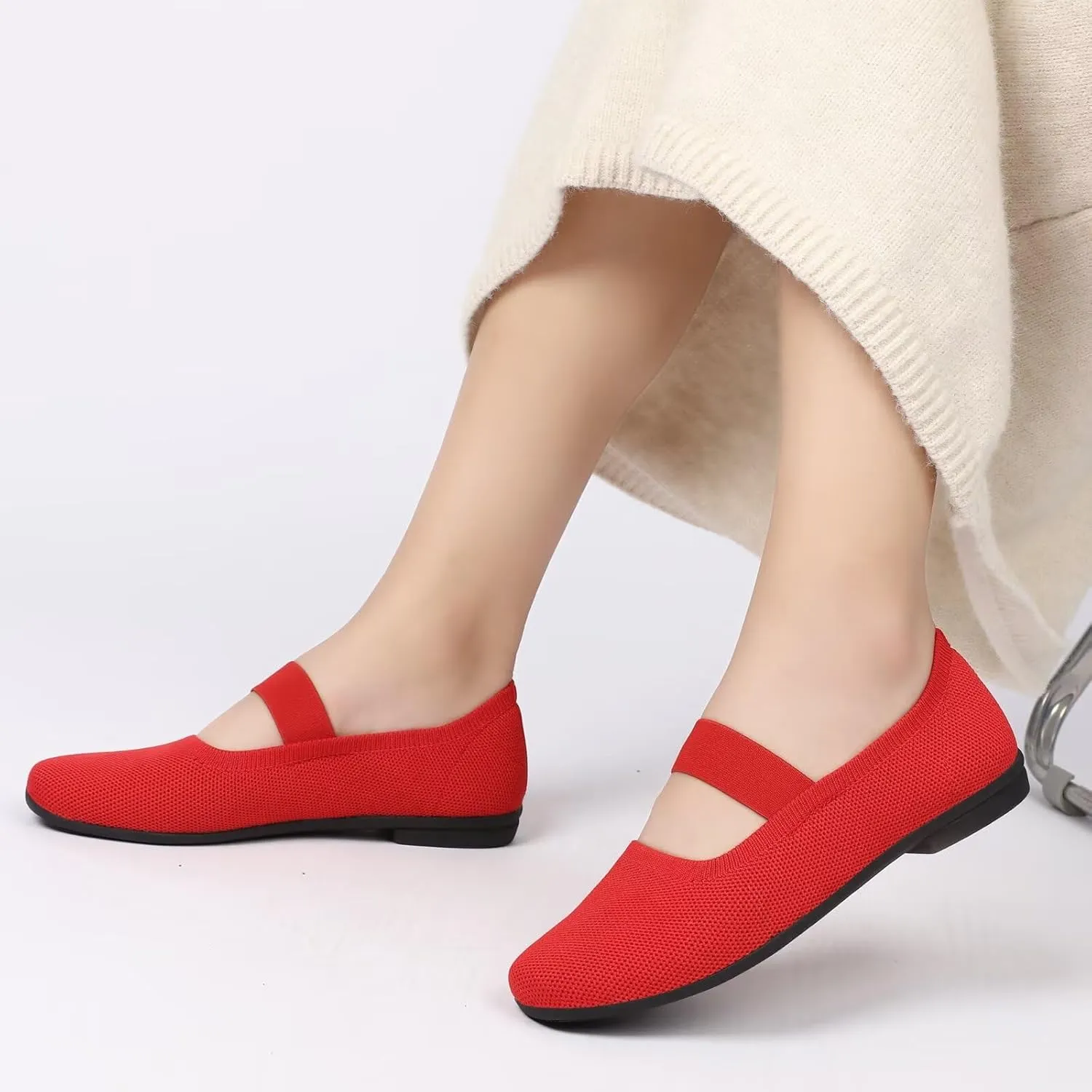 Women’s Flats Shoes Knit Mary Jane Ballet Flat Comfort Walking Dressy Work Office Ballerina Slip-on Shoes with Strap