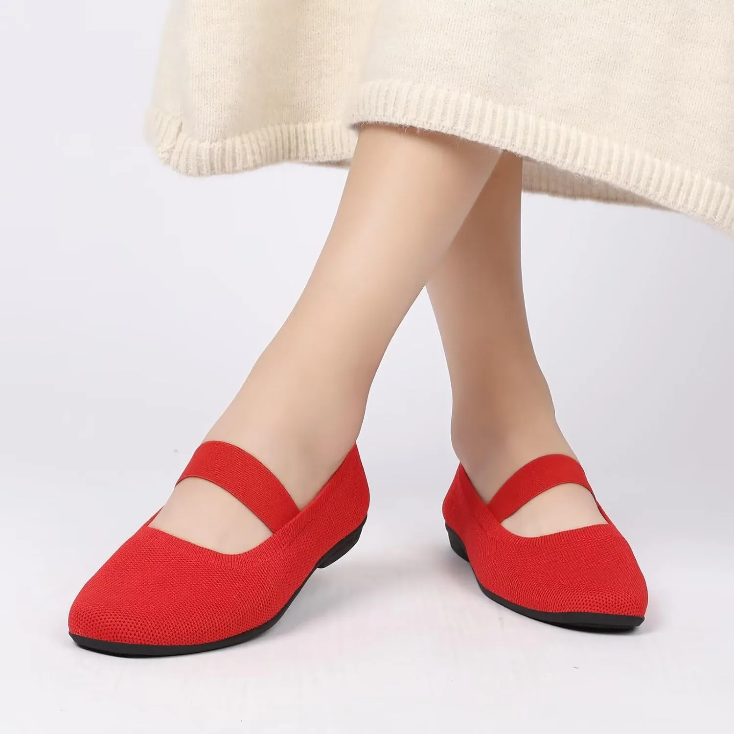 Women’s Flats Shoes Knit Mary Jane Ballet Flat Comfort Walking Dressy Work Office Ballerina Slip-on Shoes with Strap
