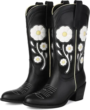 Womens Floral Cowboy Boots,Cute Mid Calf Flower Cowgirl Western Country Boot Pointed Toe Chunky Heel Shoes for Women.