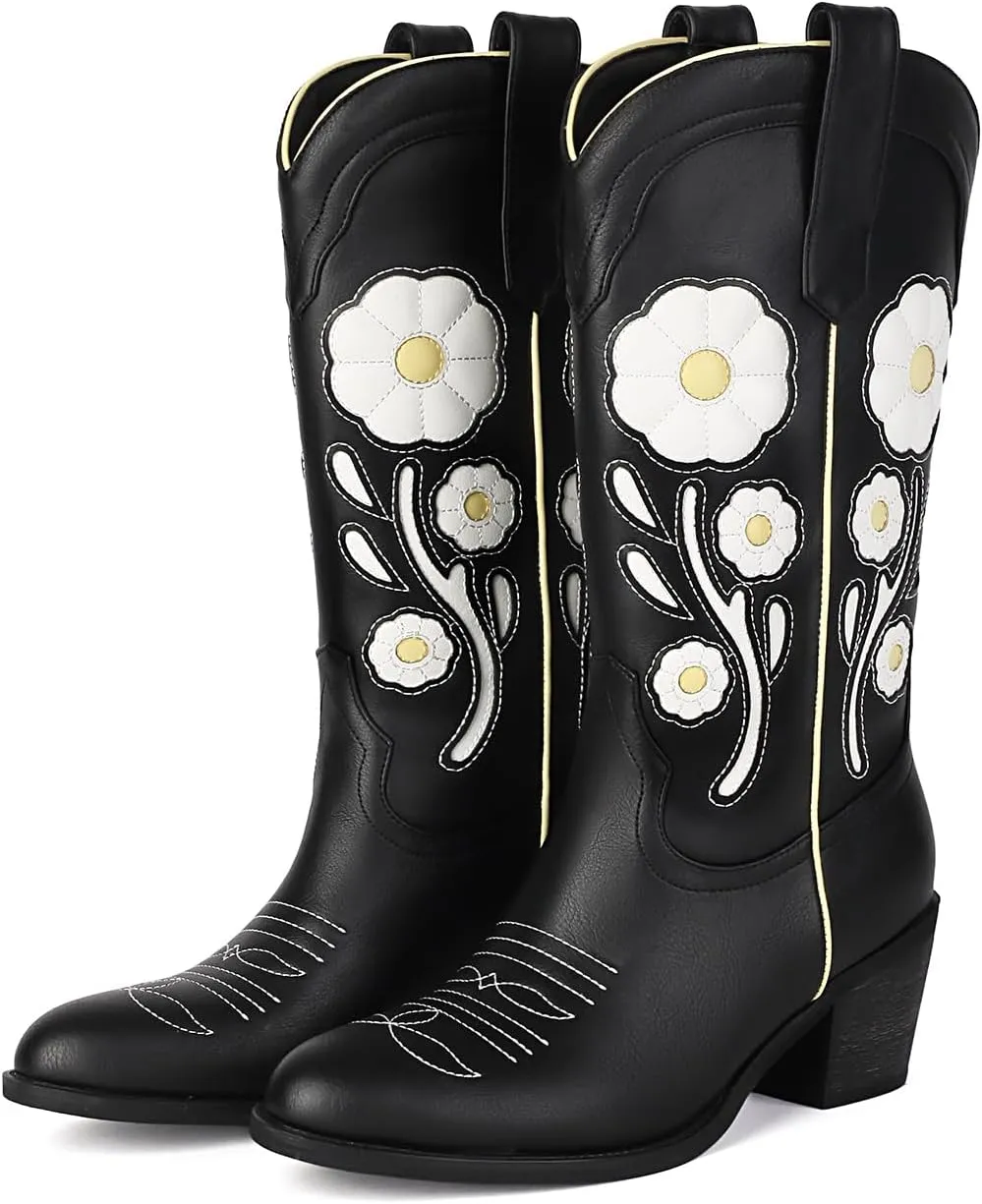 Womens Floral Cowboy Boots,Cute Mid Calf Flower Cowgirl Western Country Boot Pointed Toe Chunky Heel Shoes for Women.