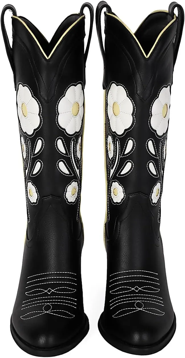 Womens Floral Cowboy Boots,Cute Mid Calf Flower Cowgirl Western Country Boot Pointed Toe Chunky Heel Shoes for Women.