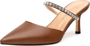 Women's Heeled Mules Rhinestone Strap Pointed Toe Pumps Stiletto Mid Heels Slip On Wedding Party Sandals for Women 2.5 Inch