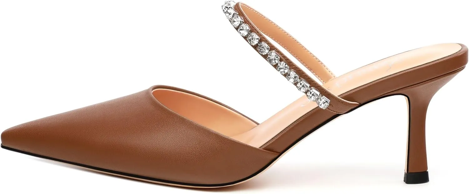 Women's Heeled Mules Rhinestone Strap Pointed Toe Pumps Stiletto Mid Heels Slip On Wedding Party Sandals for Women 2.5 Inch