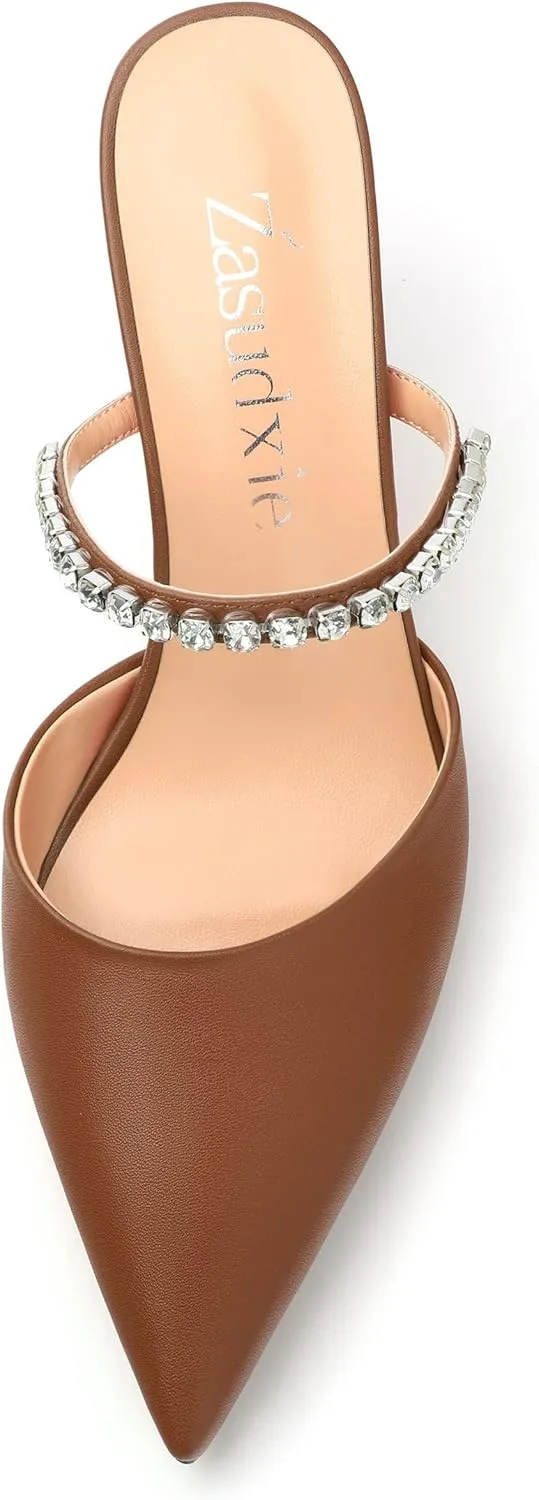 Women's Heeled Mules Rhinestone Strap Pointed Toe Pumps Stiletto Mid Heels Slip On Wedding Party Sandals for Women 2.5 Inch