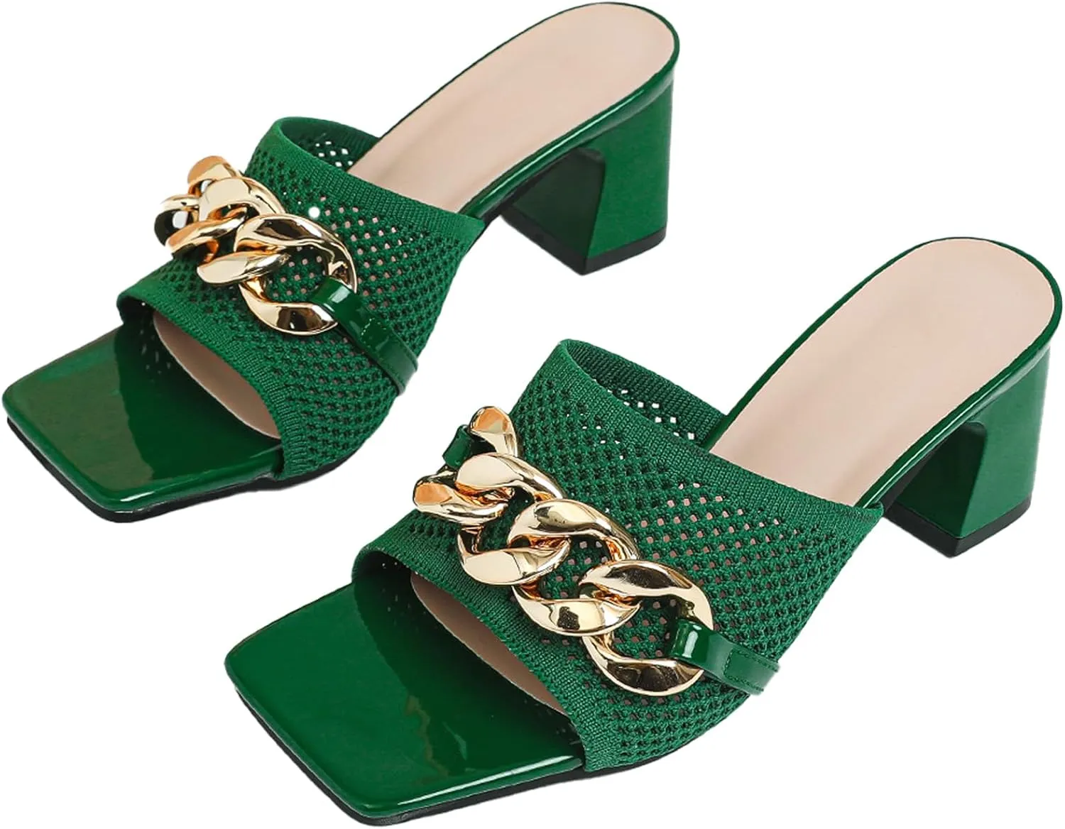 Women's Knit Open Toe Block Heel Mule Slides Fashion Square Toe Chain Slip On Mid Block Heel Sandals for Beach Parties
